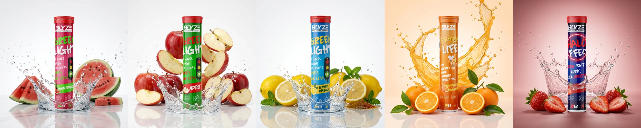 BLYZE’s five flavours: Watermelon, Apple, Lemon Masala, Orange and Strawberry