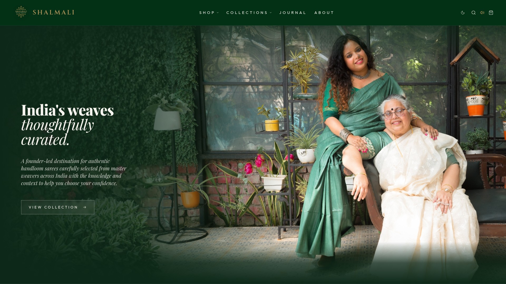 Real Shalmali e-commerce homepage showing its founders and curated Indian handloom sarees